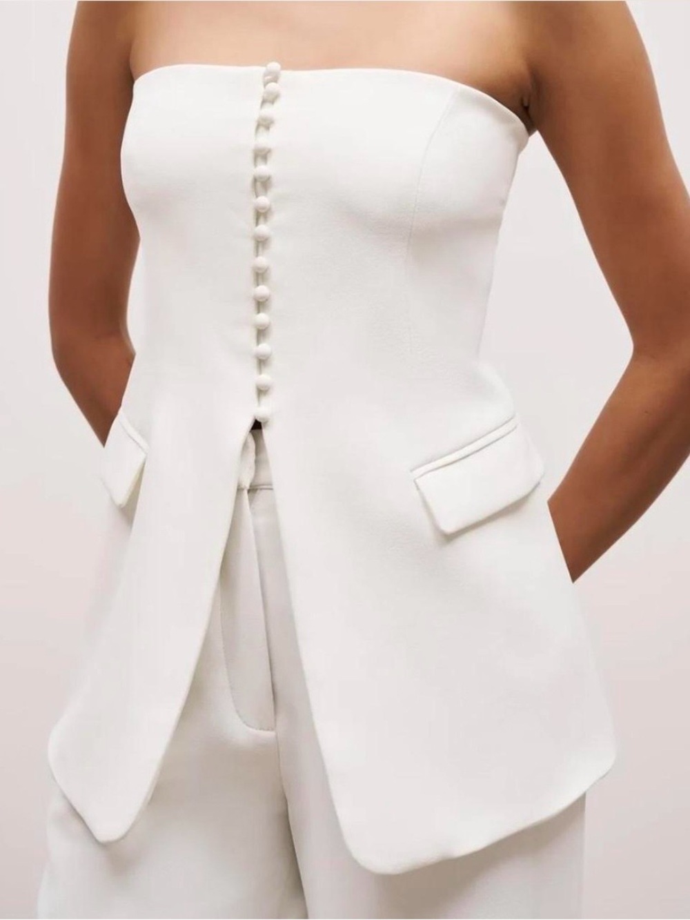 Strapless Ivory Tailored Ponte Peplum Top
